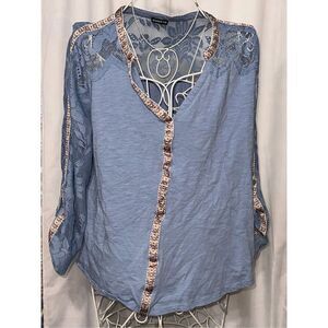 Beautiful  UNIQUE Hannah Blue Lace Sleeve V Neck Boho Top blouse size XL Good Co